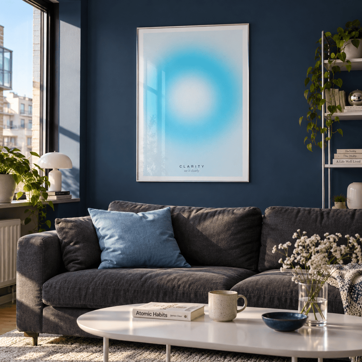 White and aqua halo print in a lounge against a midnight wall