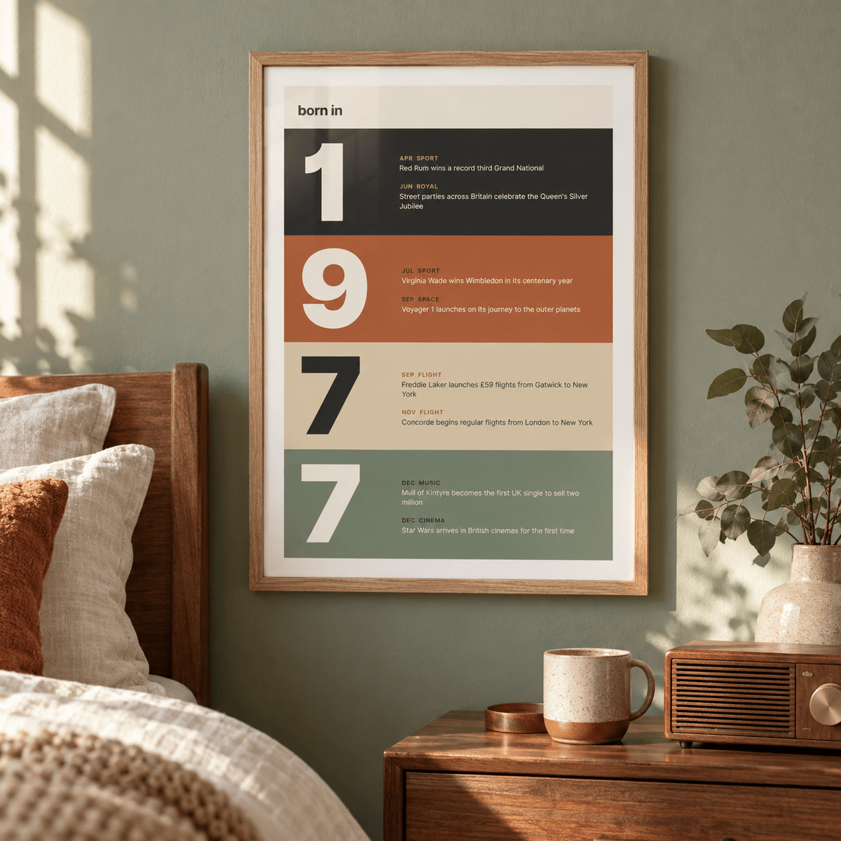 Stacked year print of 1977 in warm earth tones in a bright home interior