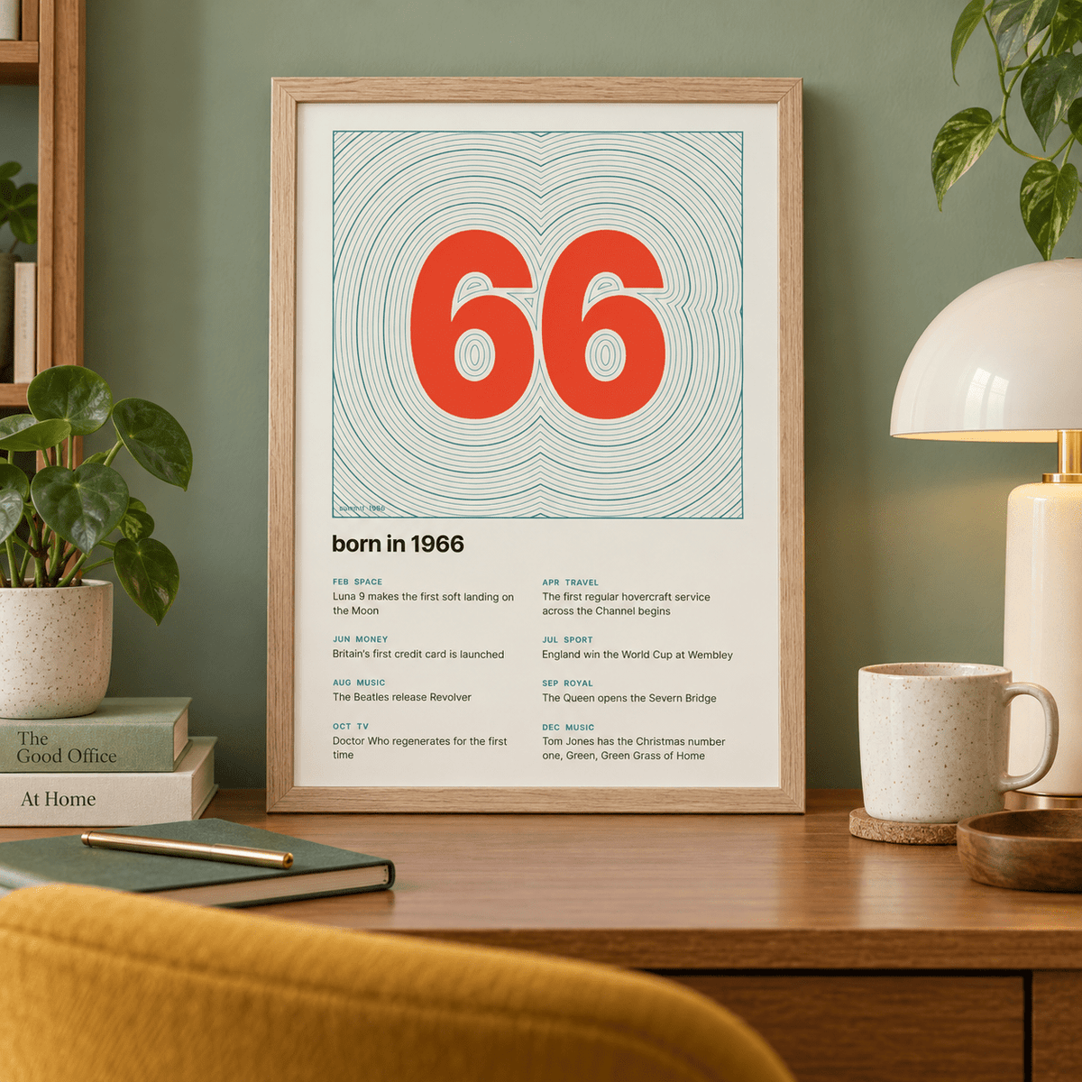 Topographic 1966 birth year print on cream in a bright home interior