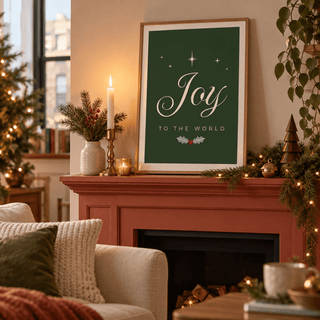 Joy Christmas print leaning on a red mantelpiece with candles and garland