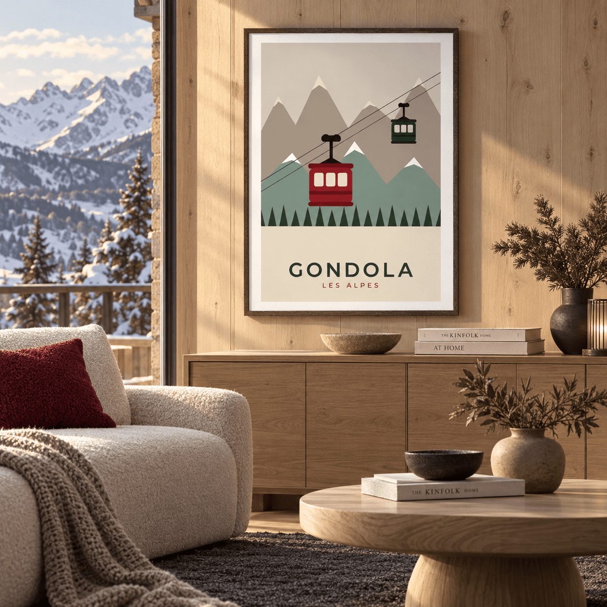Les Alpes gondola print in a chalet lounge at Christmas