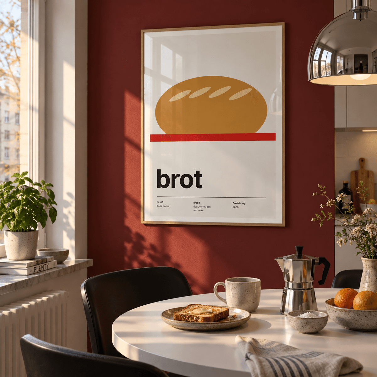 Golden loaf typography print in a breakfast nook against an oxblood wall