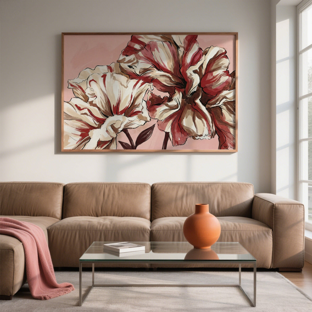 Pink Background Flower Print framed print of striped flowers in watercolour above a brown sofa with a pink throw