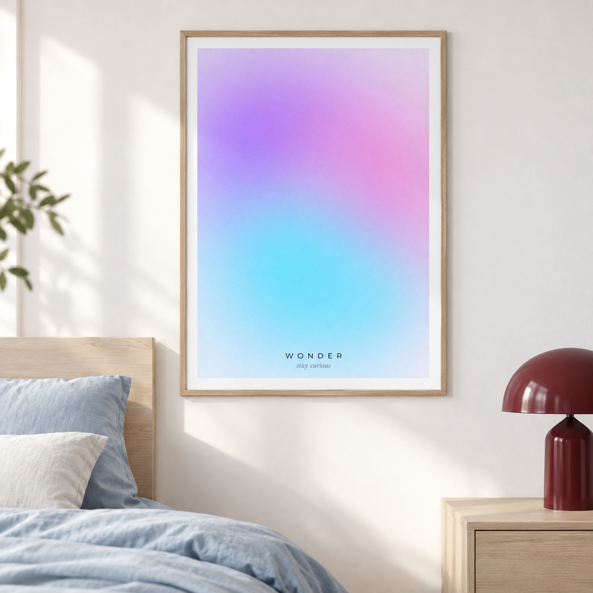 Dreamy purple to blue gradient print in a bedroom