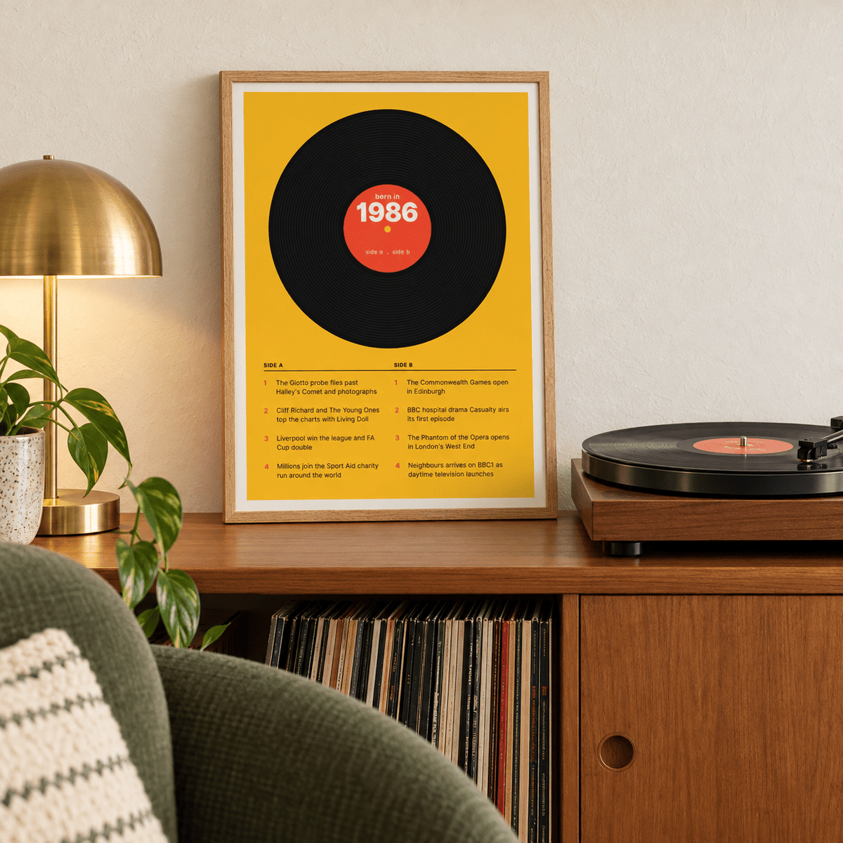 Retro 1986 print with a two sided tracklist in a bright home interior