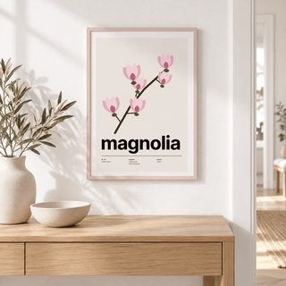 Swiss style magnolia print on the wall of a quiet hallway