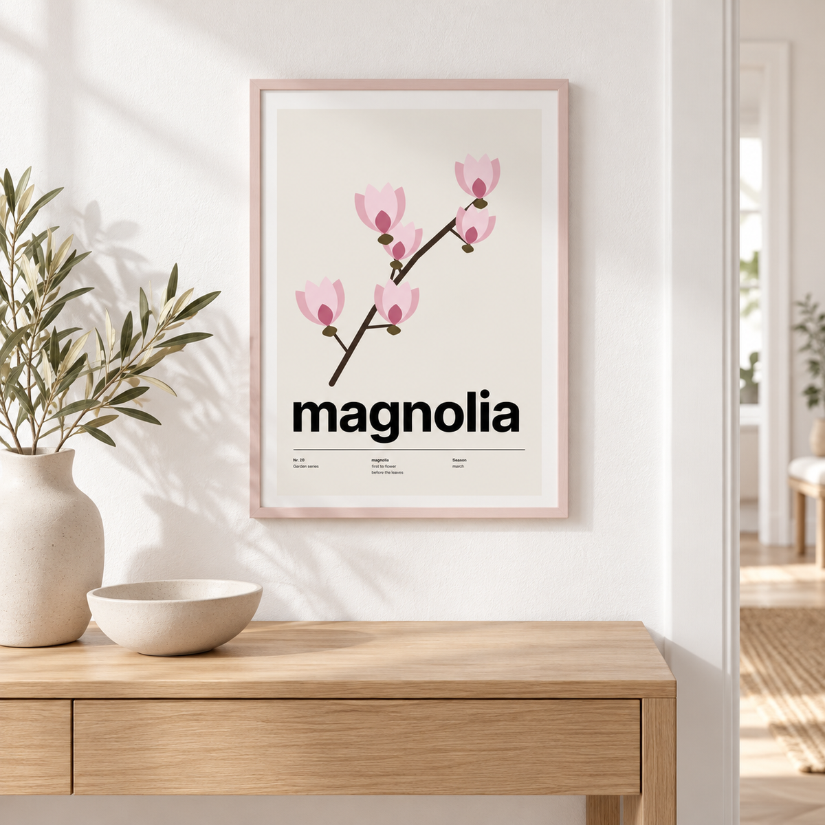 Swiss style magnolia print on the wall of a quiet hallway