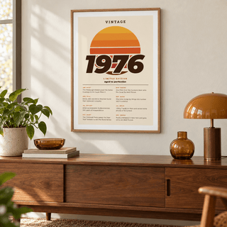 Limited edition 1976 birthday print in sunset tones in a bright home interior