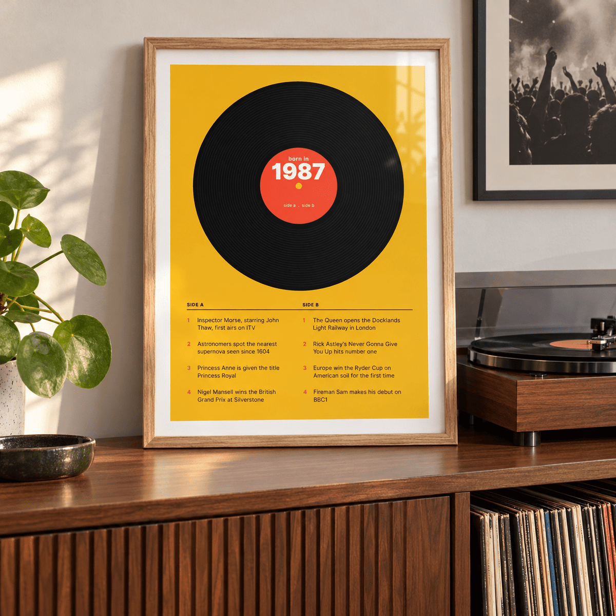Retro 1987 print with a two sided tracklist in a bright home interior