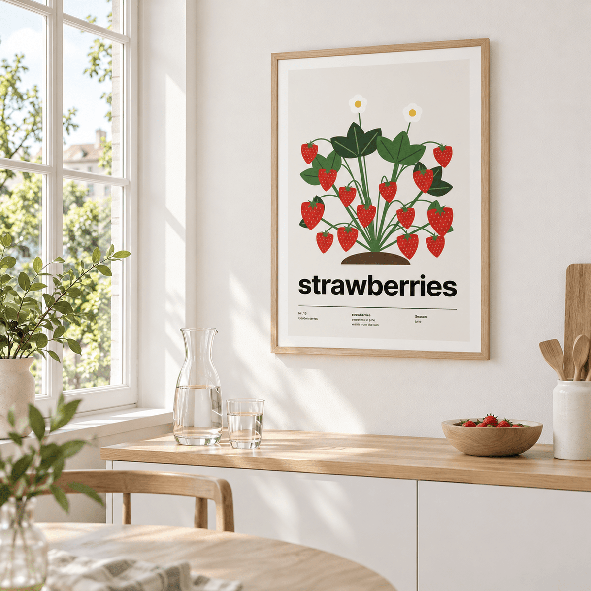 Swiss style strawberries print above a counter in a bright kitchen