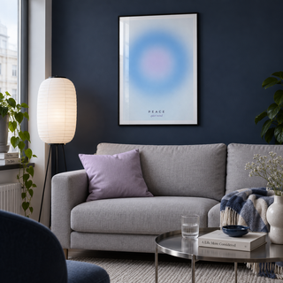 Blue and lavender gradient print in a living room against an ink blue wall
