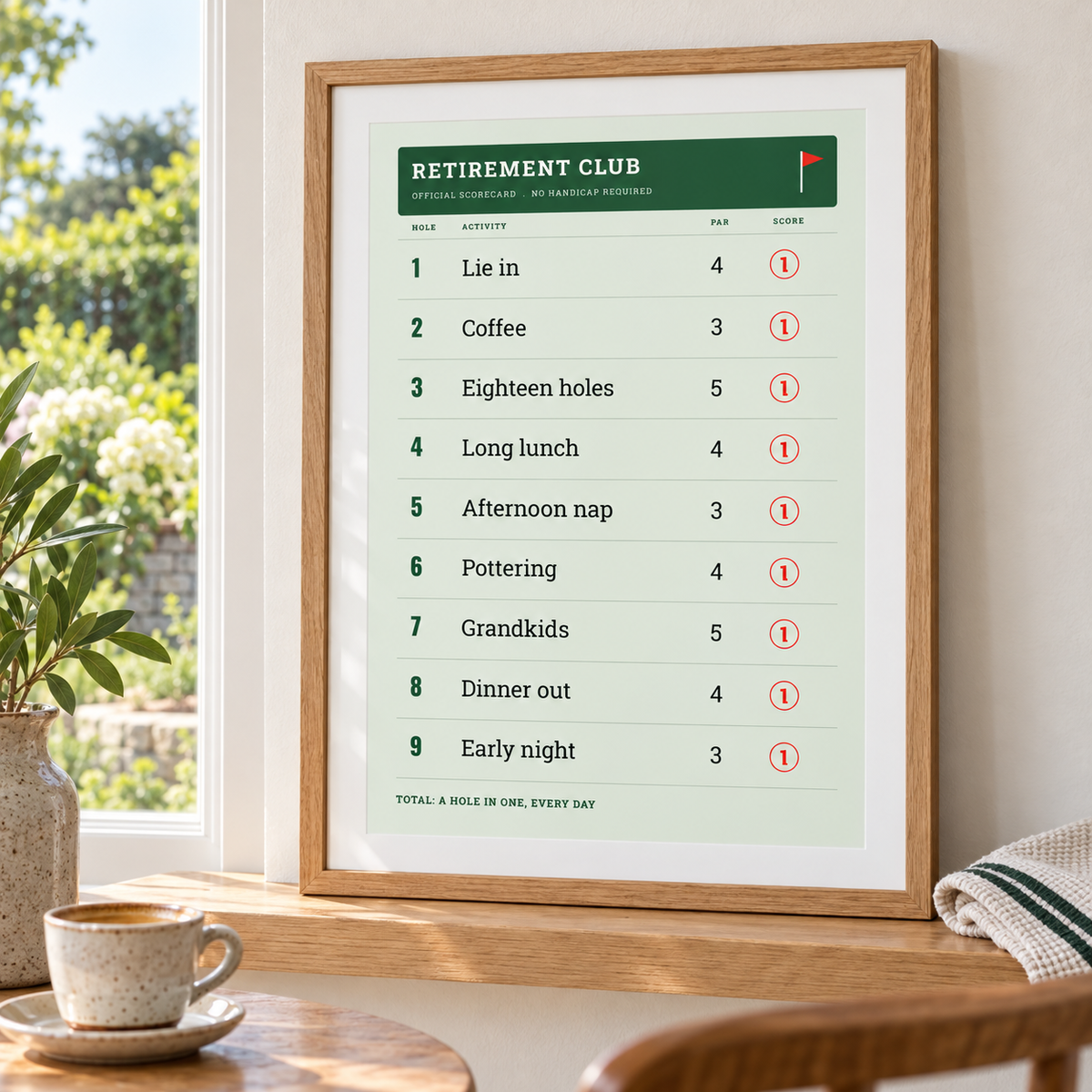 Funny golf retirement print on a ledge above a breakfast table