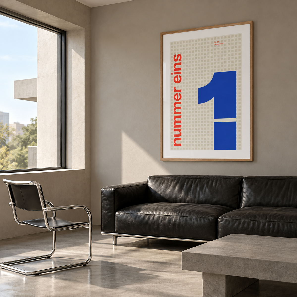 Swiss style number poster above a sofa in a living room
