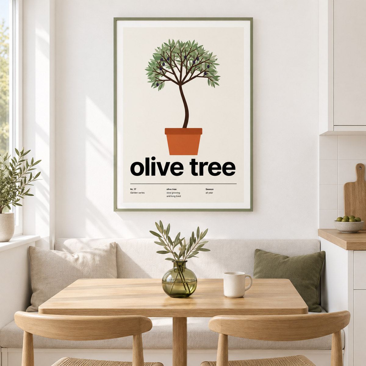 Swiss style olive tree print above a dining table in a bright room