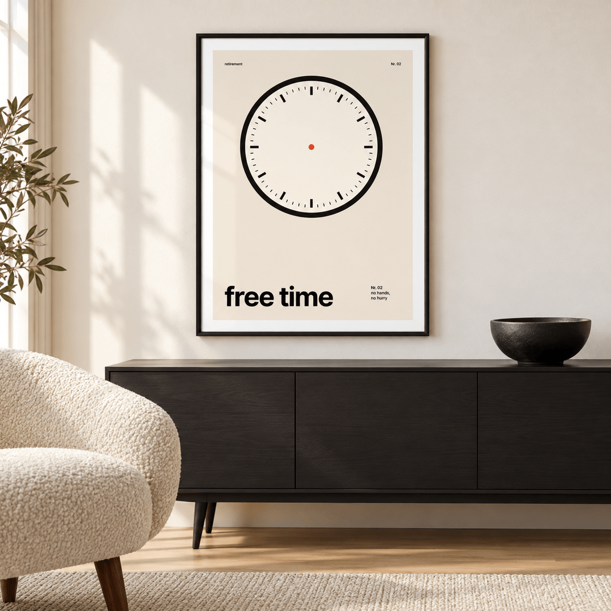 Minimalist clock face print on the wall of a quiet reading room