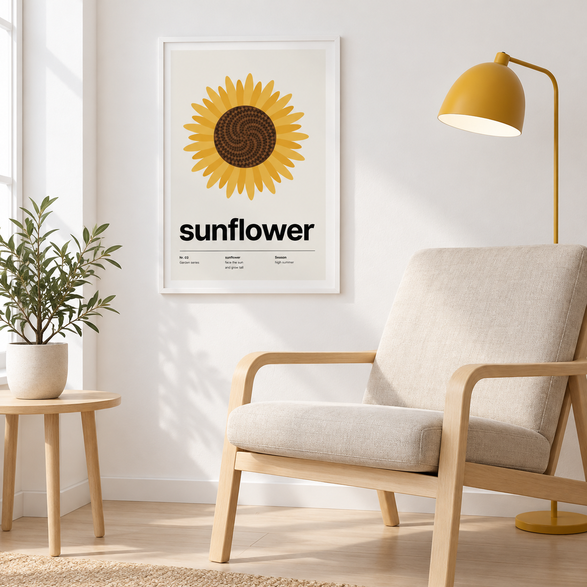 Swiss style sunflower print above an armchair in a cosy reading corner