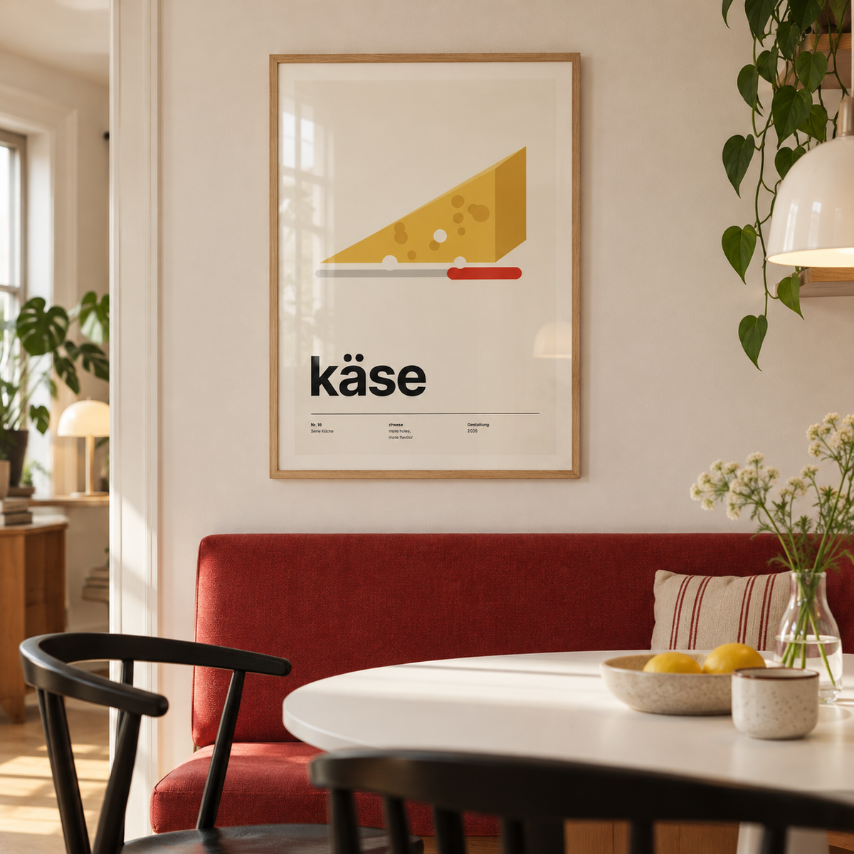 Swiss style cheese typography print above a banquette in a dining against a red wall