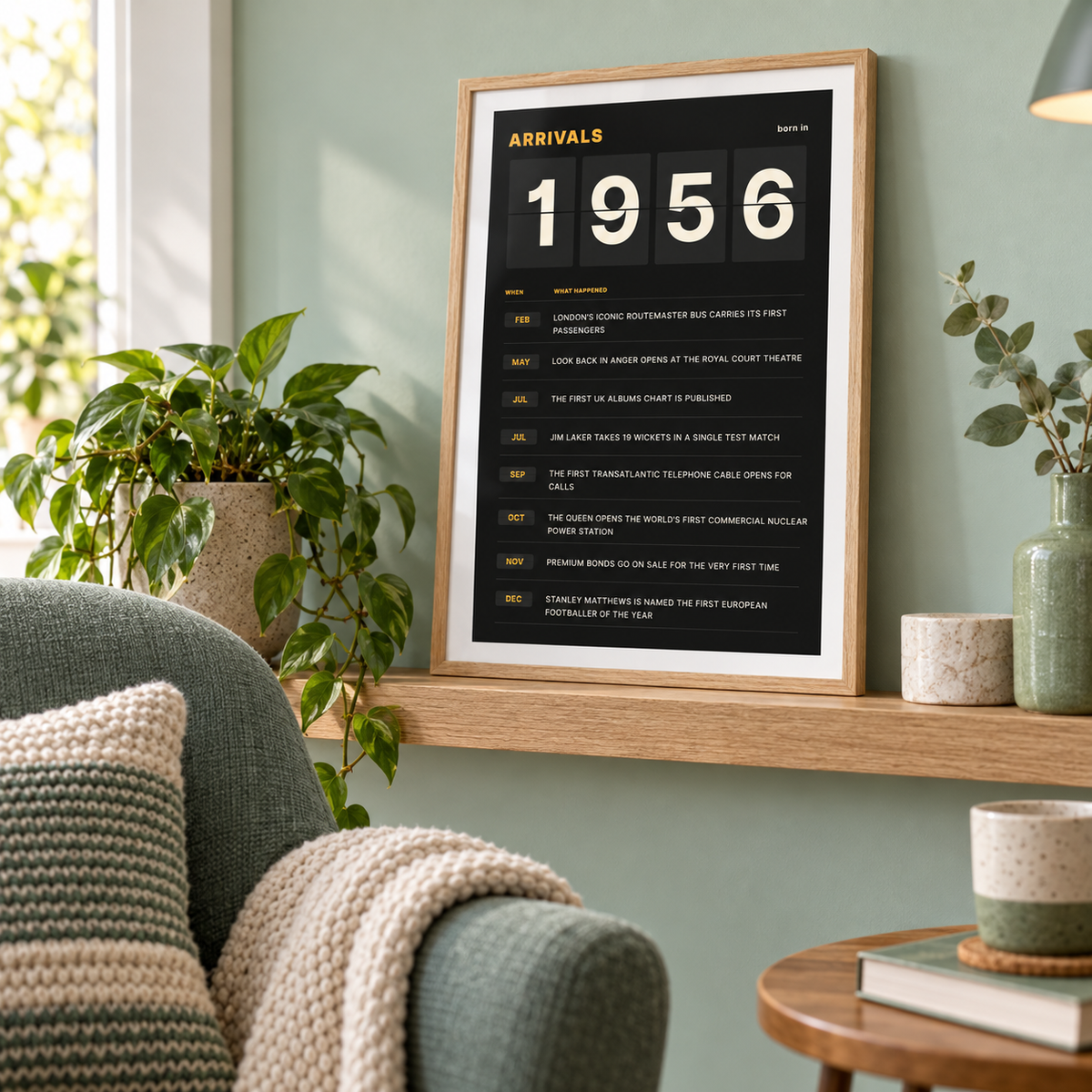 Black and amber 1956 birth year board print in a bright home interior