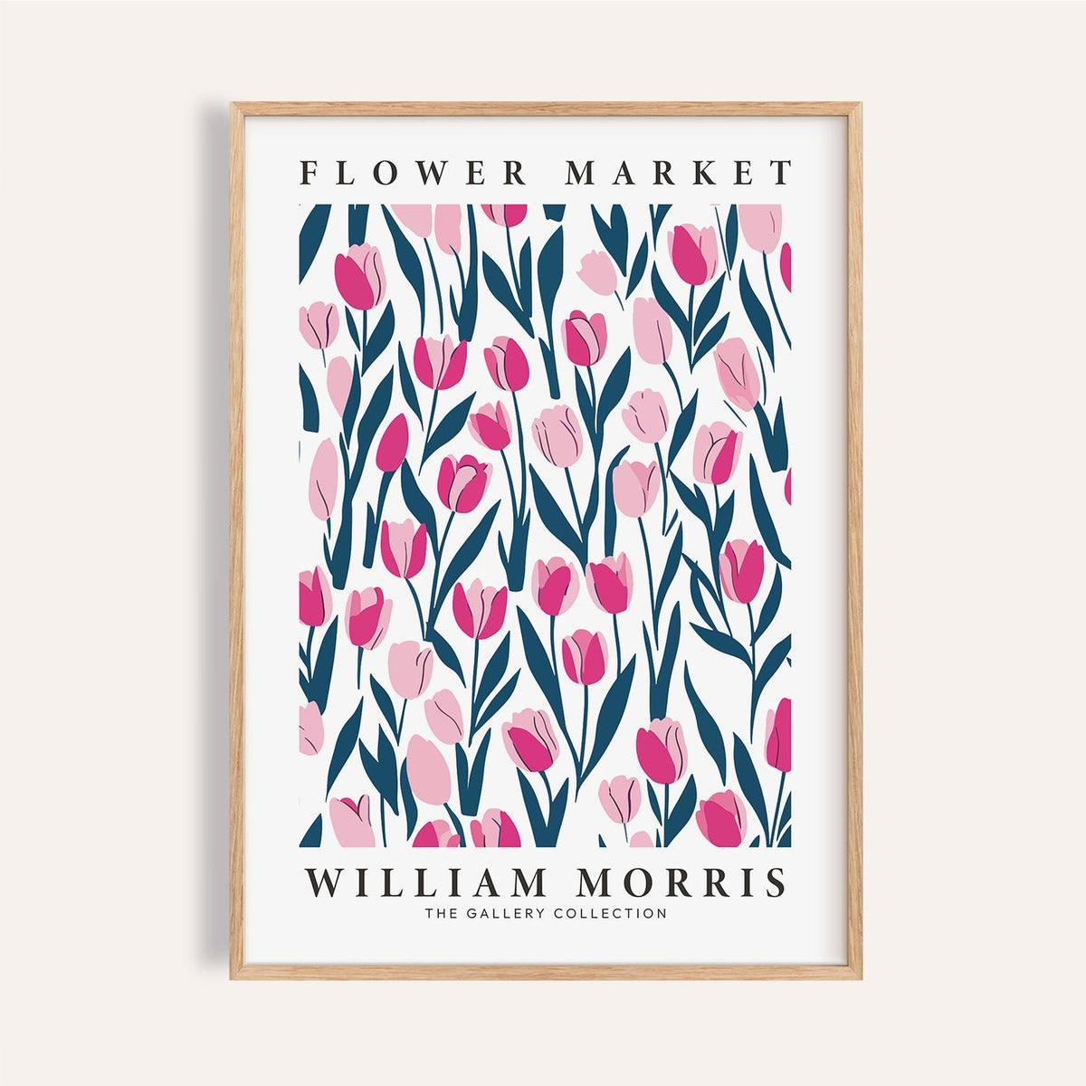 Framed print close-up of Tulip Decor featuring pink tulips with green leaves and text on a white background