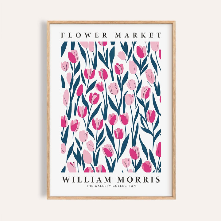 Framed print close-up of Tulip Decor featuring pink tulips with green leaves and text on a white background