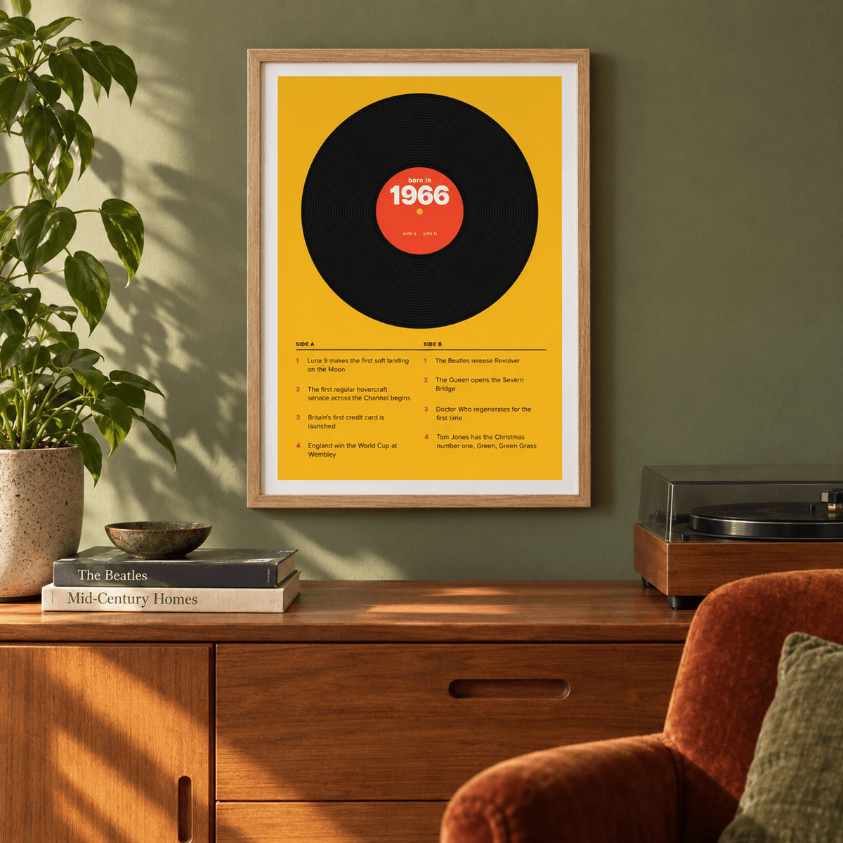 Retro 1966 print with a two sided tracklist in a bright home interior