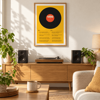 Retro 1996 print with a two sided tracklist in a bright home interior