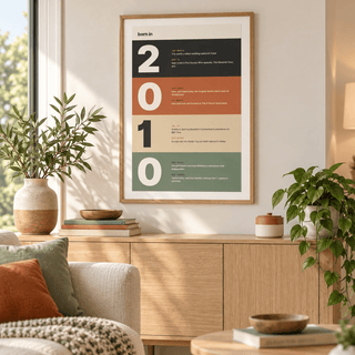 Stacked year print of 2010 in warm earth tones in a bright home interior