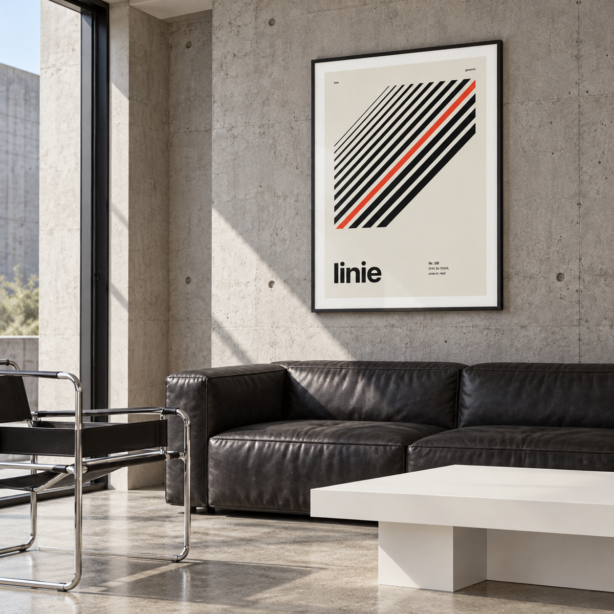 Swiss style line typography print above a sofa in a living room