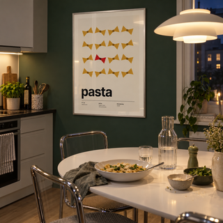 Swiss style pasta typography print in a dining corner against a green wall