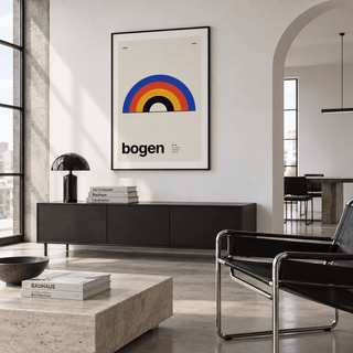 Bauhaus style arch print above a sofa in a living room