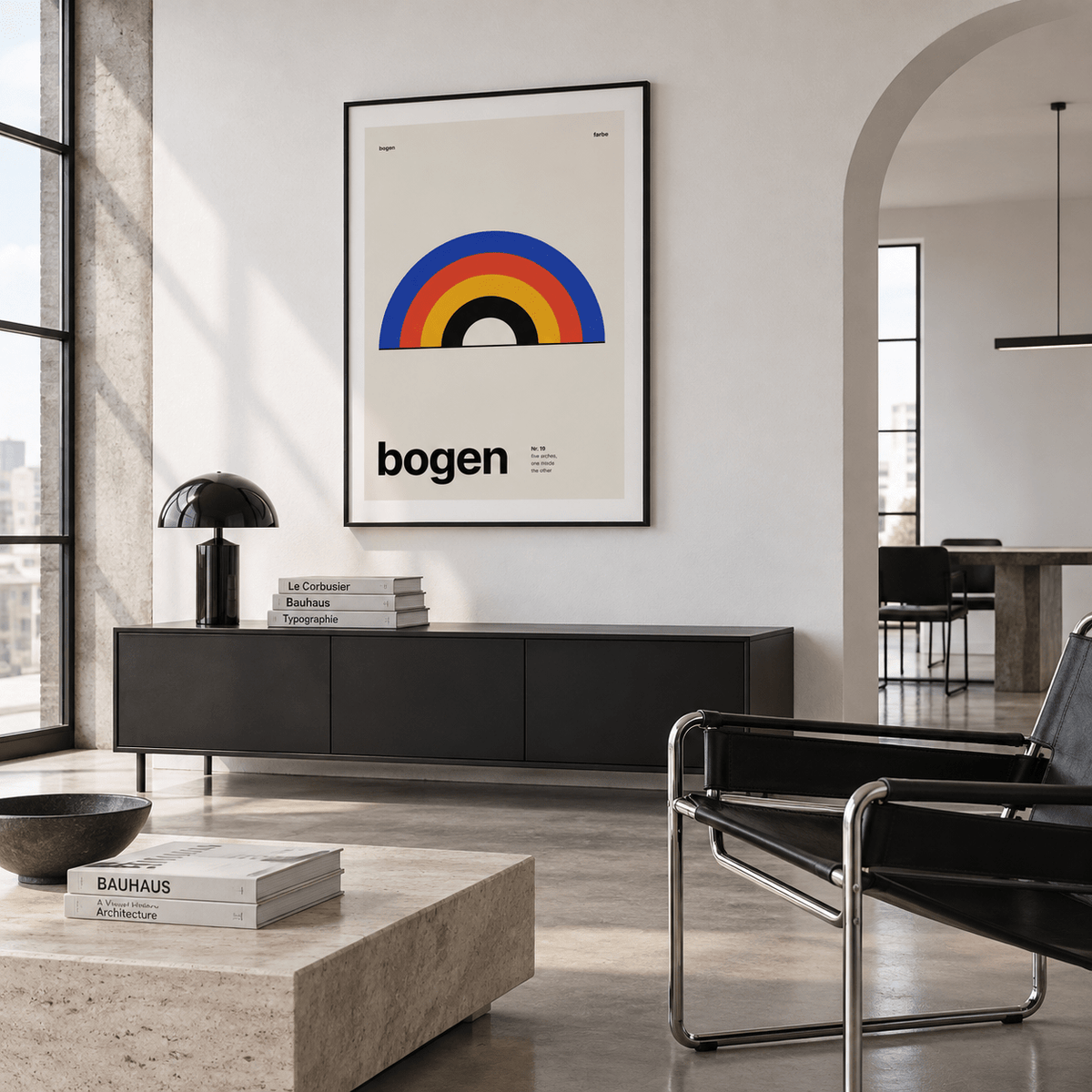 Bauhaus style arch print above a sofa in a living room