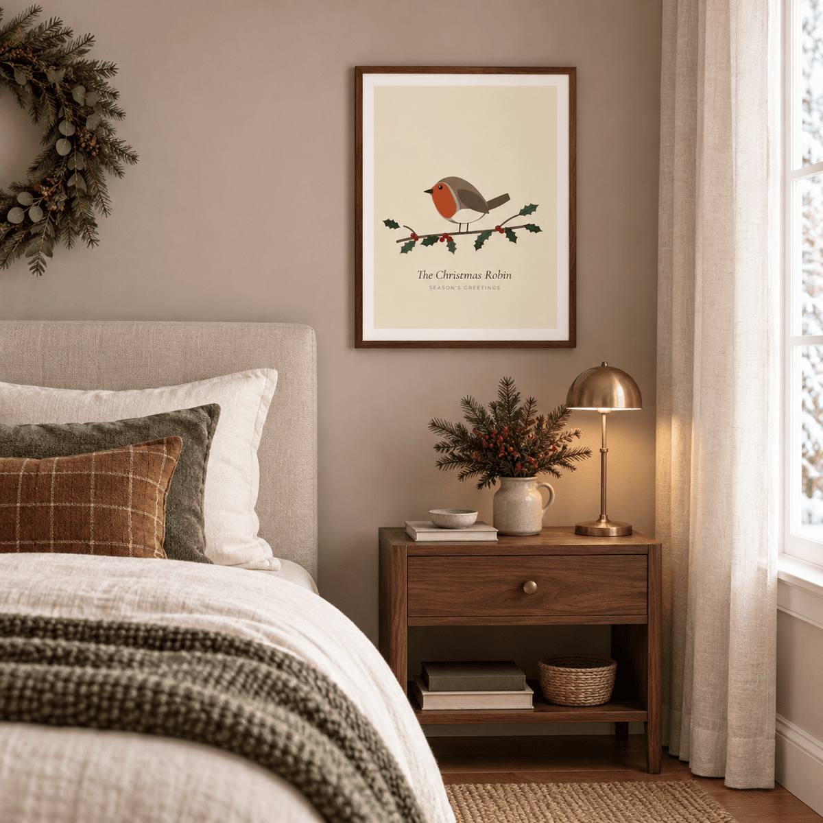 Festive garden bird print in a guest bedroom at Christmas