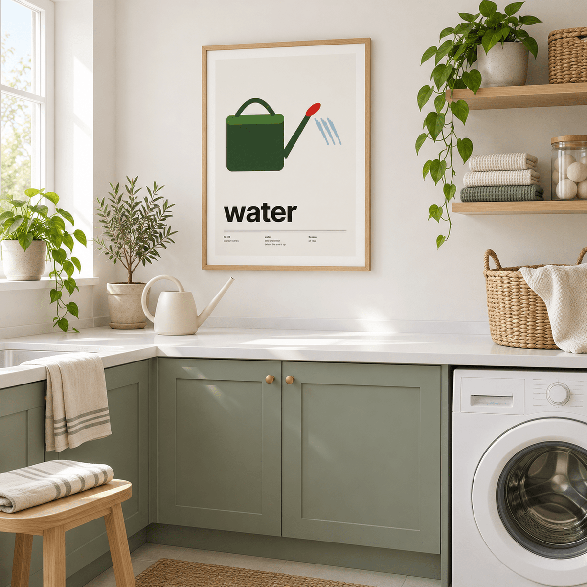 Swiss style watering can print on the wall of a bright utility room