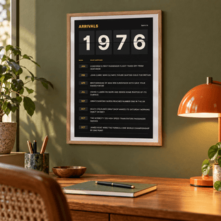Black and amber 1976 birth year board print in a bright home interior