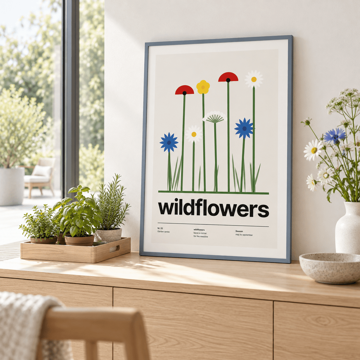 Swiss style wildflower meadow print beside a window that looks onto the garden