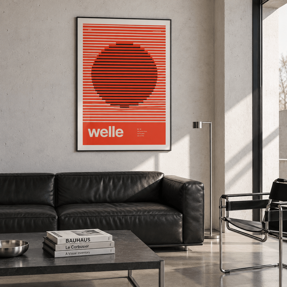 Swiss style wave print above a sofa in a living room