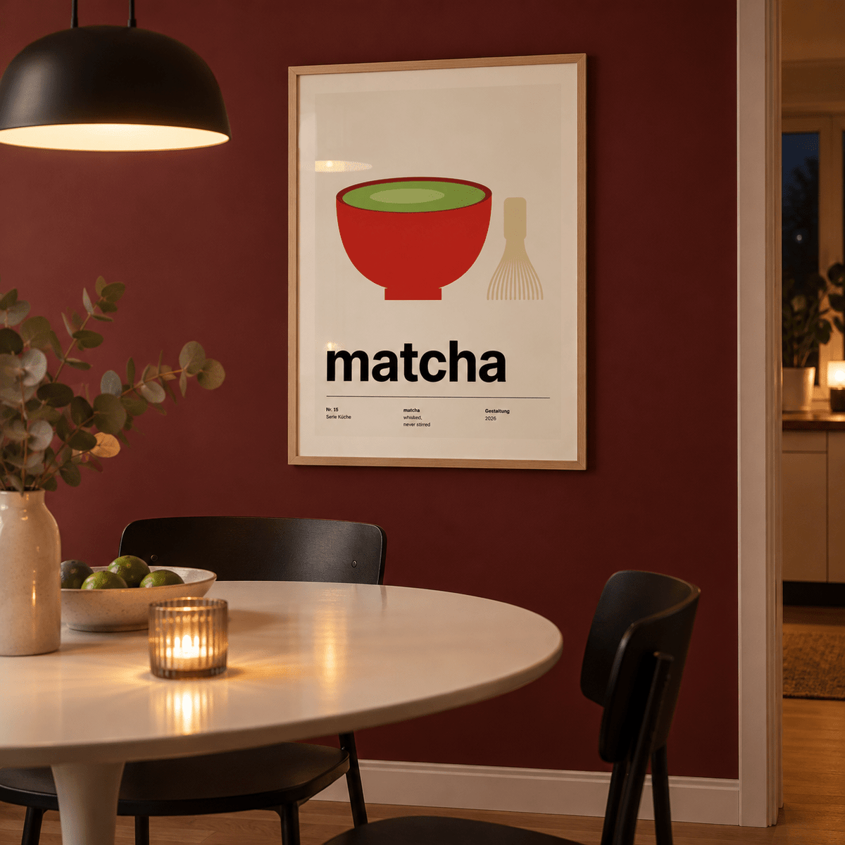 Swiss style matcha typography print in a wine dining room against a red wall