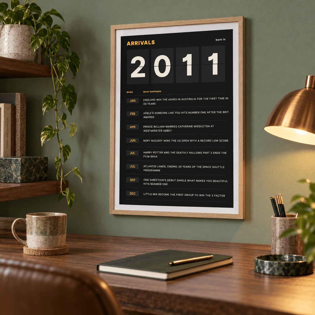 Black and amber 2011 birth year board print in a bright home interior