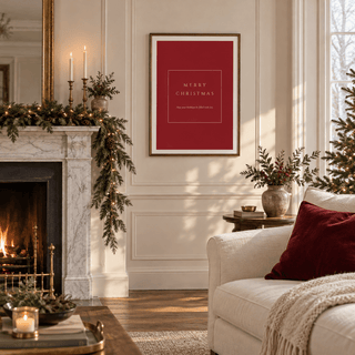 Deep red festive typography print in a georgian living room at Christmas