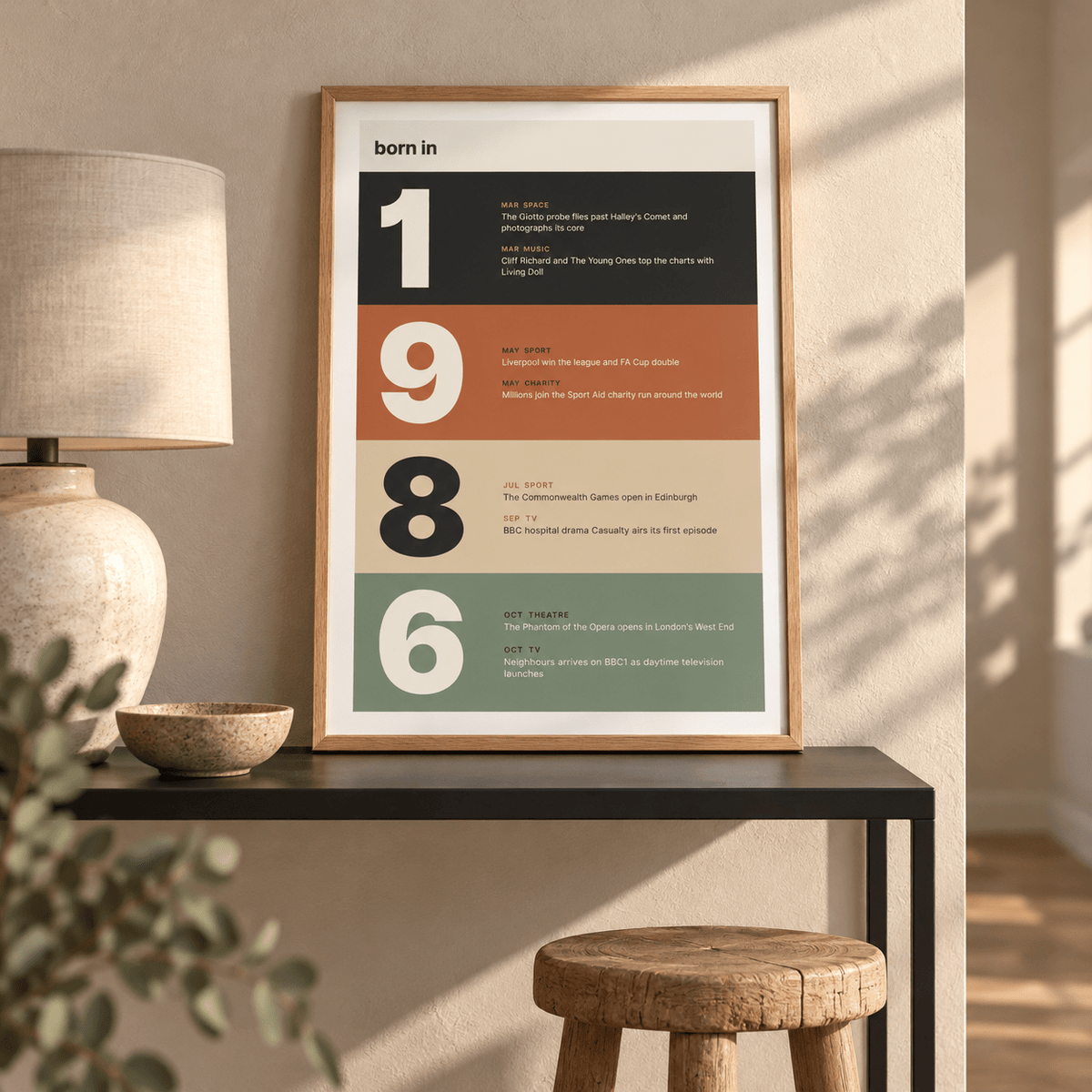 Stacked year print of 1986 in warm earth tones in a bright home interior
