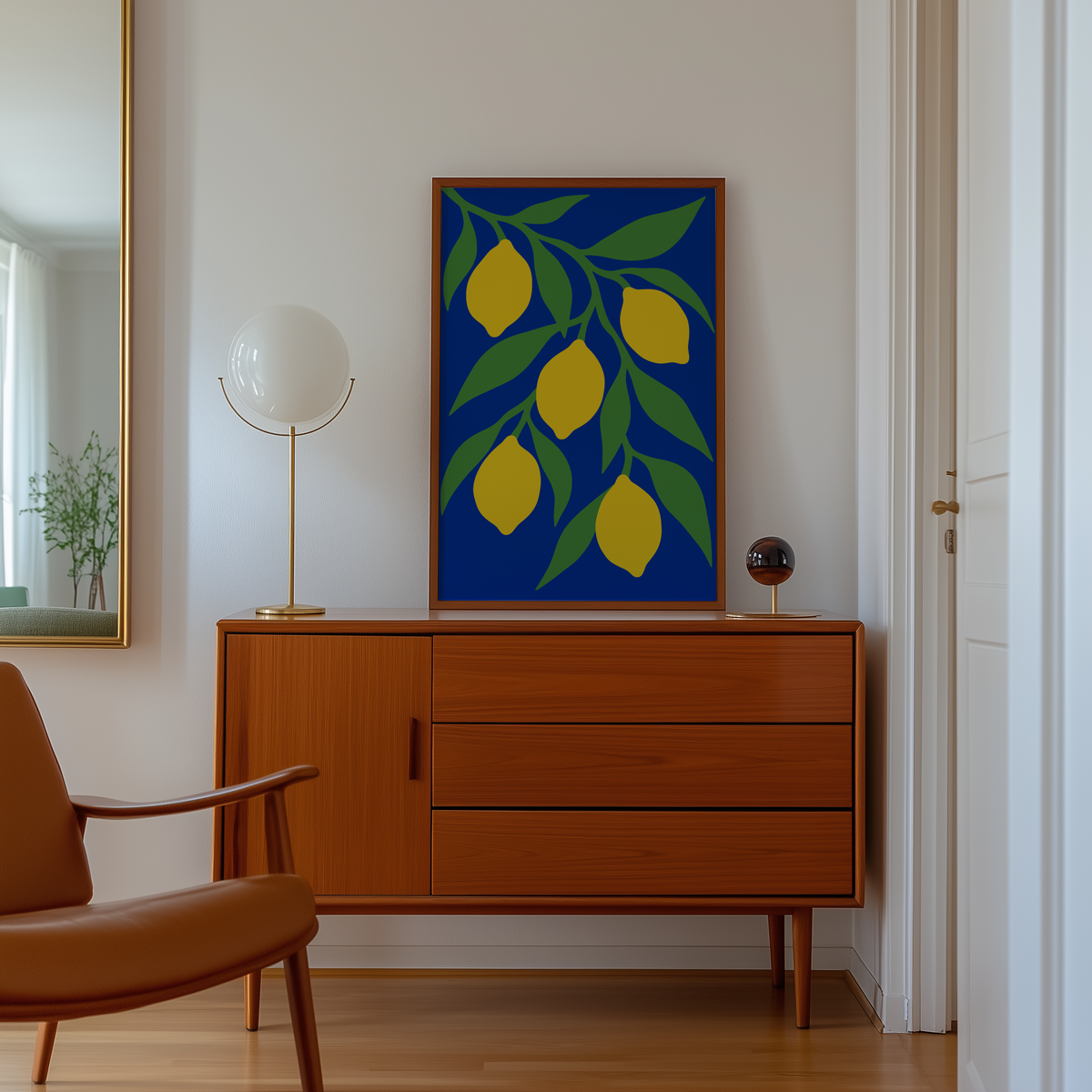 Cut paper lemons and leaves print above a mid century sideboard in a hallway