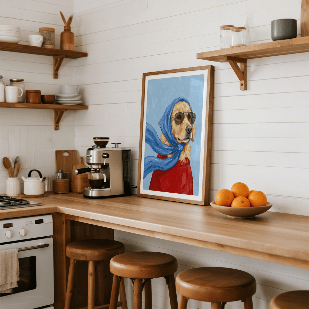 Print of Golden Retriever Art with sunglasses and blue scarf on a kitchen counter near a coffee machine and fruit bowl
