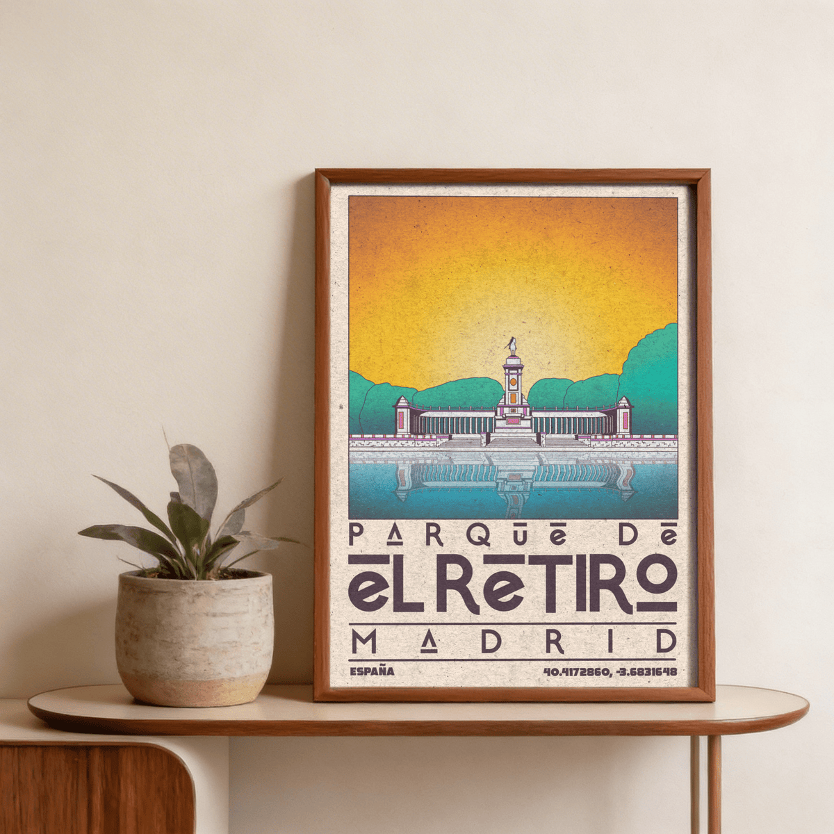 Framed Madrid Landscape Poster with retro illustration of a retirement park monument by a plant