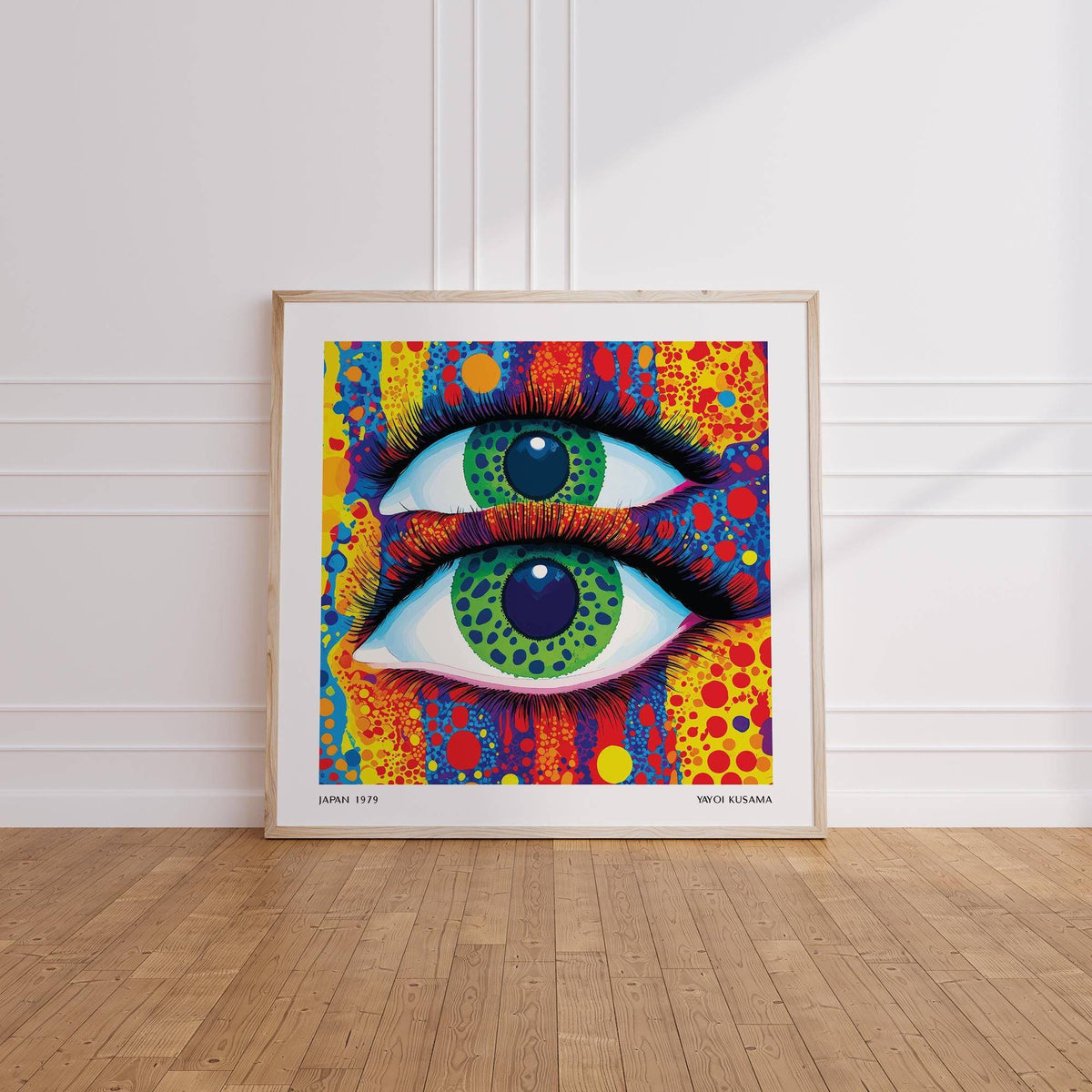 Colourful Pop Art leaning print with abstract green eyes and vibrant red and yellow dots on a wooden floor