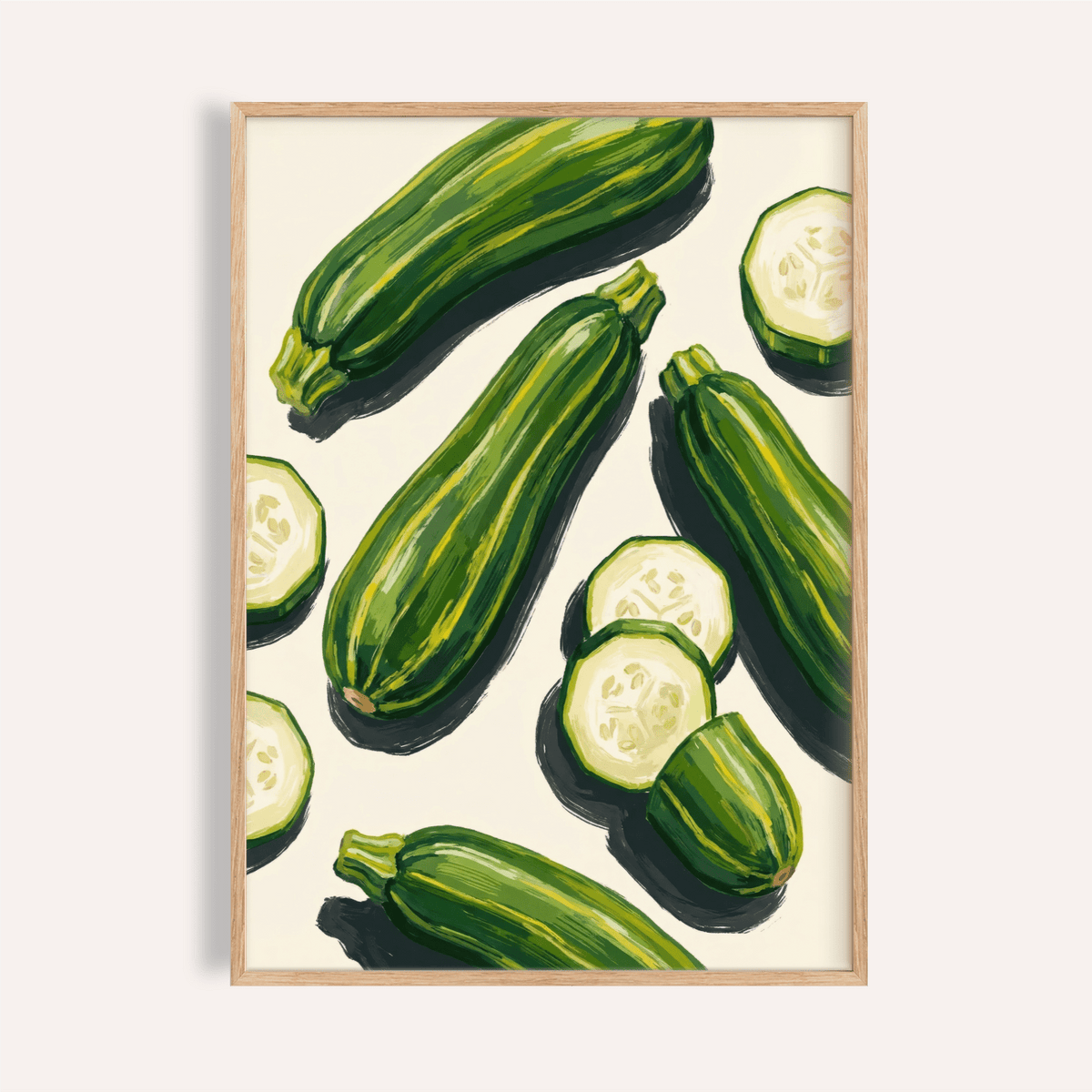 Framed zucchini wall art featuring green illustrated zucchinis on a cream background