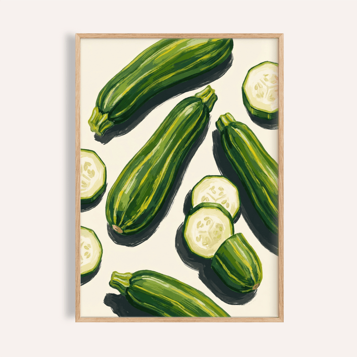 Framed zucchini wall art featuring green illustrated zucchinis on a cream background