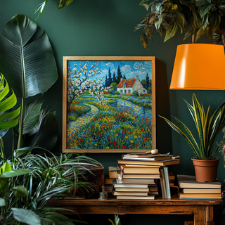 Framed Impressionist Garden Poster showing a flourished garden path and cottage in blue and green hues above a table with books