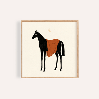 Framed print of Horse Moon wall art showing a black horse with an orange blanket and a crescent moon