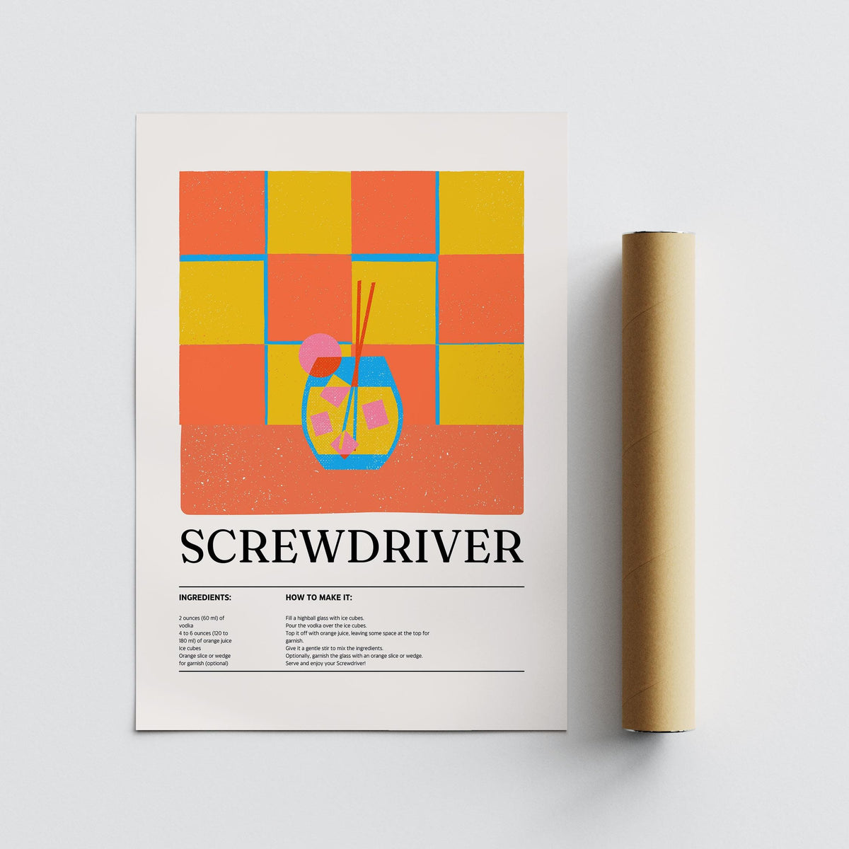 Art Prints Kitchen minimalist screwdriver cocktail illustration with typographic recipe alongside packaging tube
