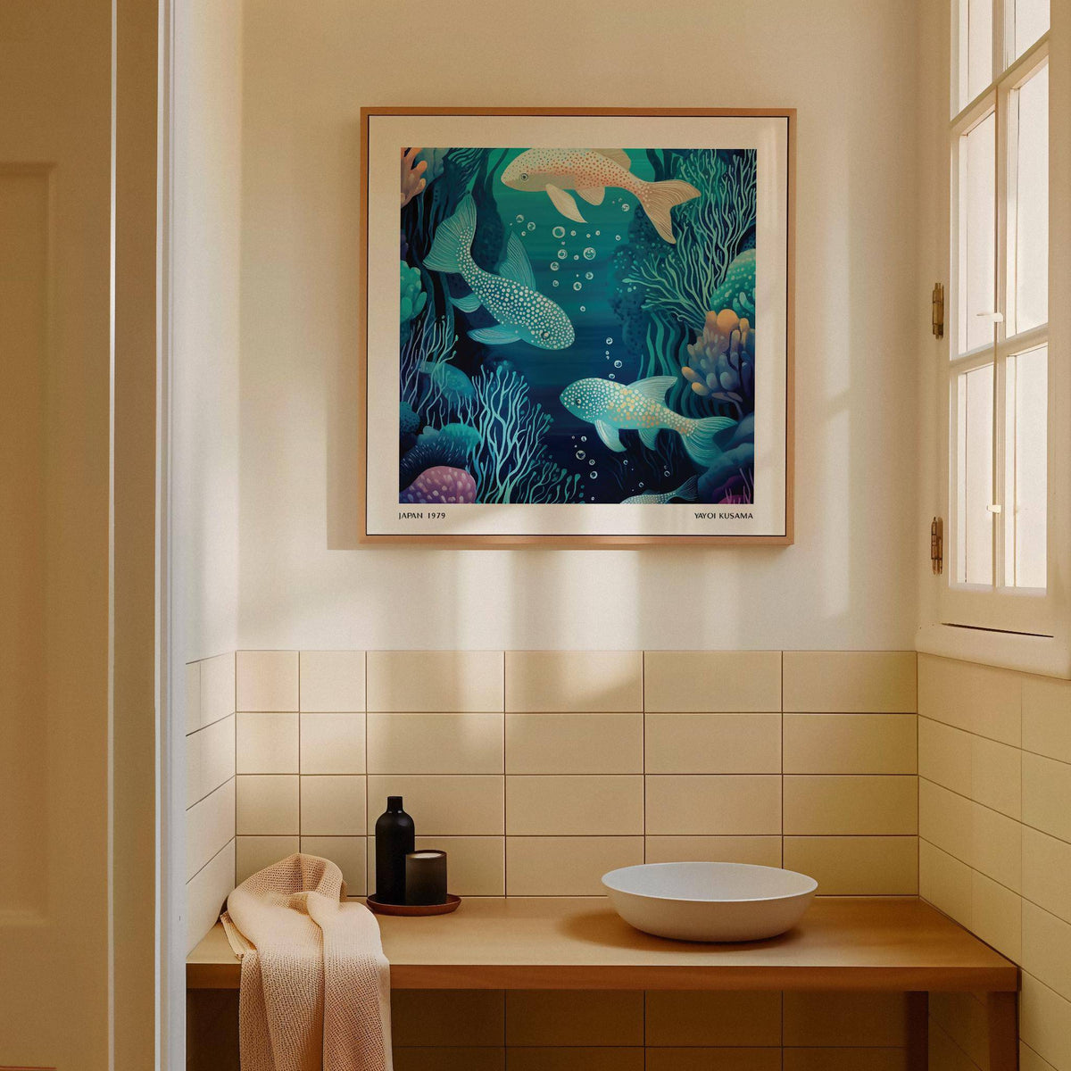 Wall Art Fish print in shades of blue with spotted fish above a wooden counter and sink